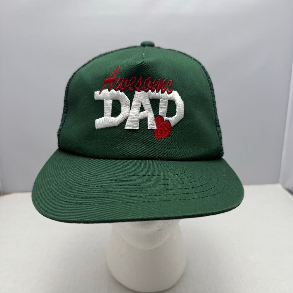 Vtg Awesome Dad Green Mesh Trucker Hat Red Heart Adjustable